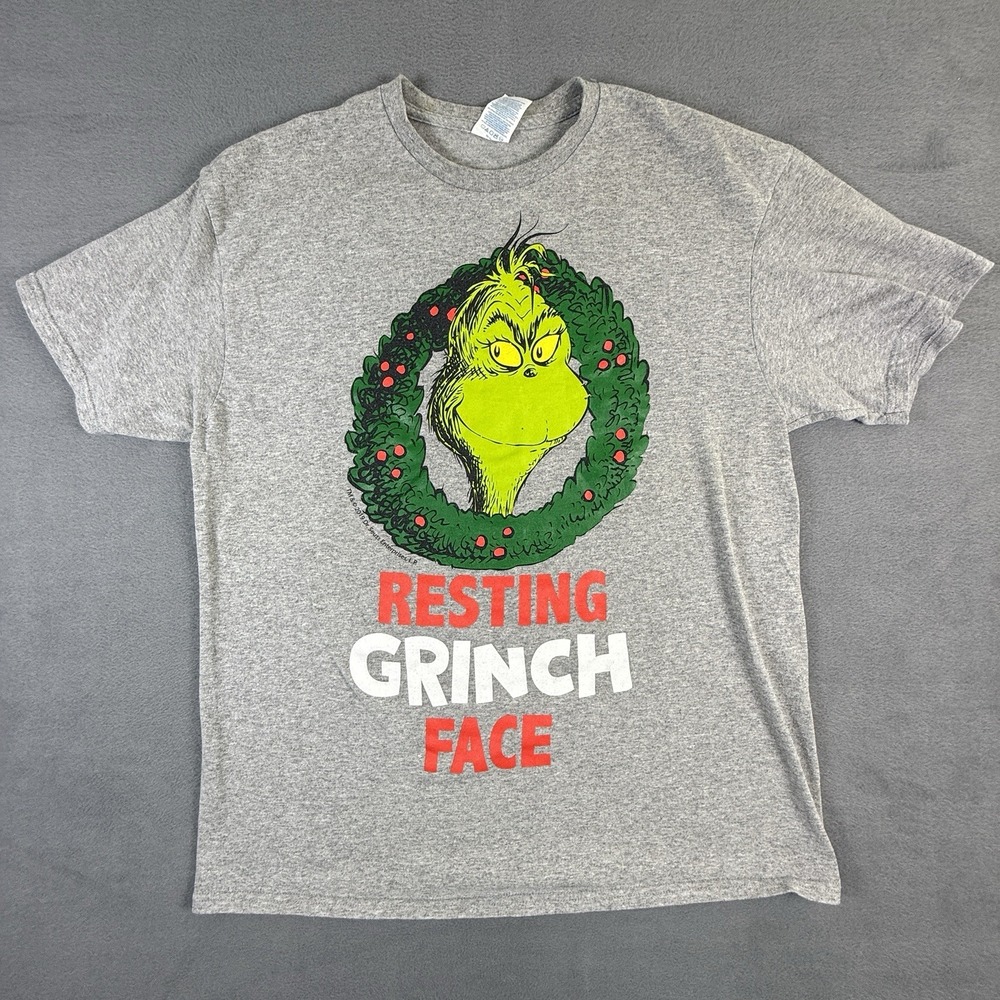 Grinch Christmas T-Shirt Resting Grinch Face Adult Large L Gray